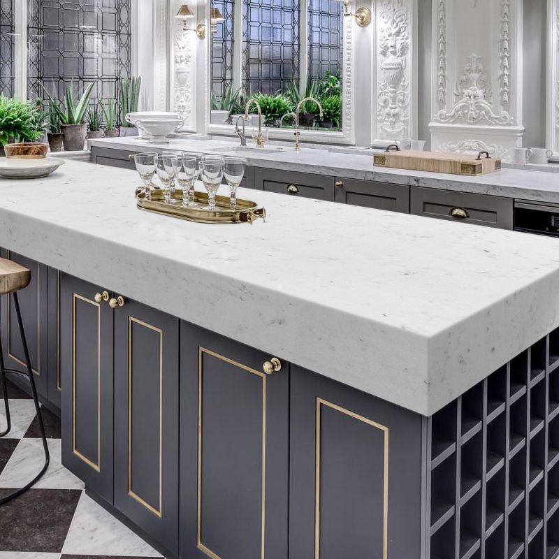 خزانة رخامية اصطناعية كارارا رخام أبيض لون كوارتز سطح صلب